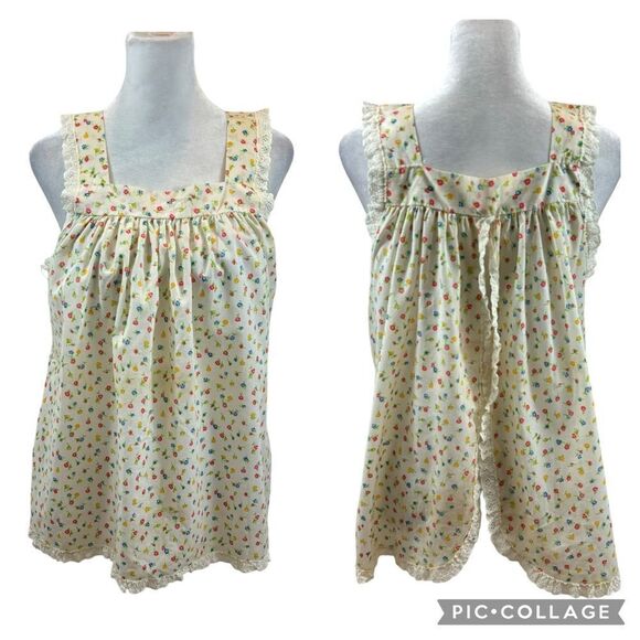 Ladies Vintage Floral And Lace Detail Split Back Square Neck‎ Blouse Medium - Picture 1 of 12